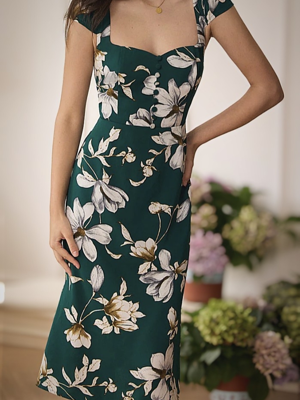 RIHOAS Green Floral Sweetheart Midi Dress